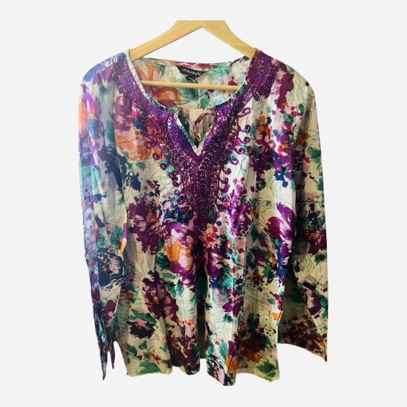 Chaudry KC Floral Purple Top Tunic Blouse XL Boho Sequined Beaded Lightweight - Picture 1 of 8